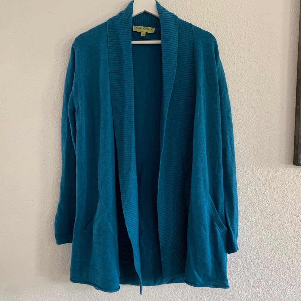 Sigrid Olsen Signature Teal Blue Cotton Silk Blend Open Front Cardigan Large